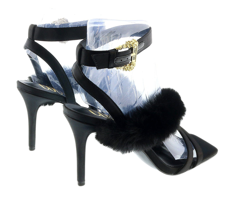 Versace Jeans Couture Baroque Buckle Faux Fur  Black Heeled Sandals-