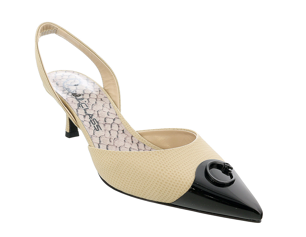 Roberto Cavalli Class  Beige/Black Leather Classic Sling Back Mid Heel Shoes-6.5/7