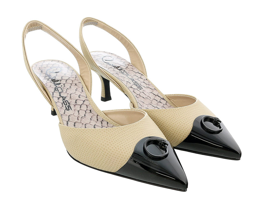 Roberto Cavalli Class  Beige/Black Leather Classic Sling Back Mid Heel Shoes-