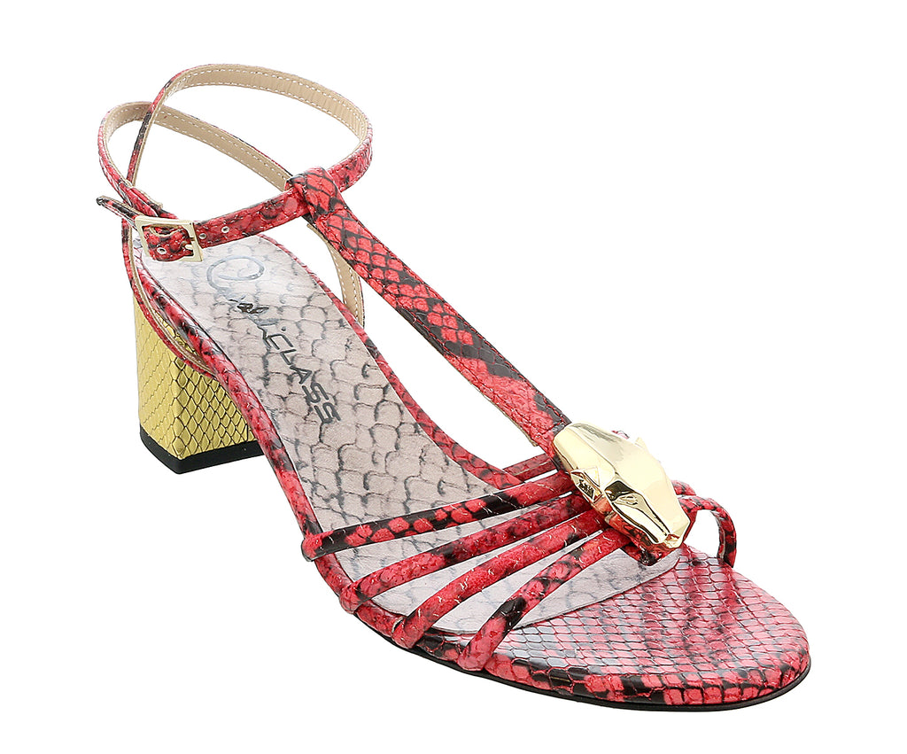 Roberto Cavalli Class  Coral/Gold Textured Snake Print Mid Heel Sandal-5.5/6