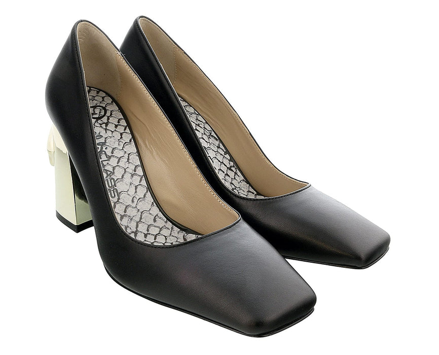 Roberto Cavalli Class  Black/Gold Leather Square Toe Block High Heel  Pump-