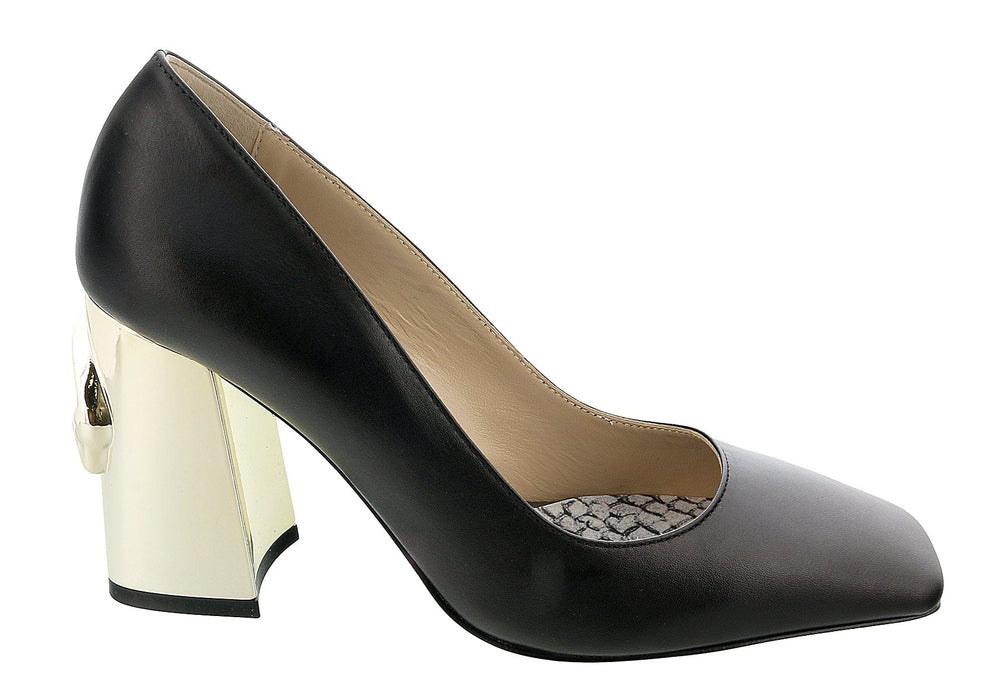 Roberto Cavalli Class  Black/Gold Leather Square Toe Block High Heel  Pump-