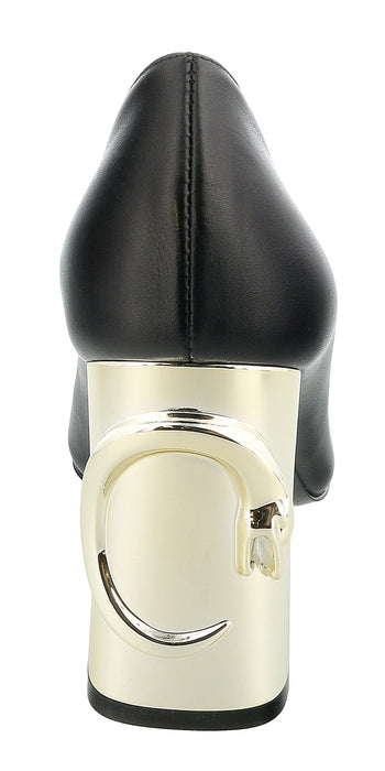 Roberto Cavalli Class  Black/Gold Leather Square Toe Block High Heel  Pump-