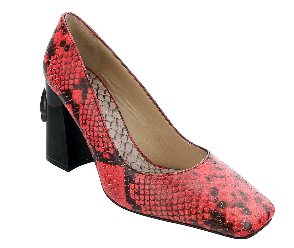 Roberto Cavalli Class  Coral/Black Textured Leather Square Toe Block High Heel Pump-5.5/6