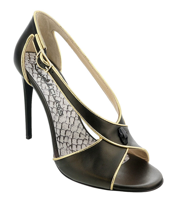 Roberto Cavalli Class  Black/Gold Criss Cross High Heel Sandal-6.5/7