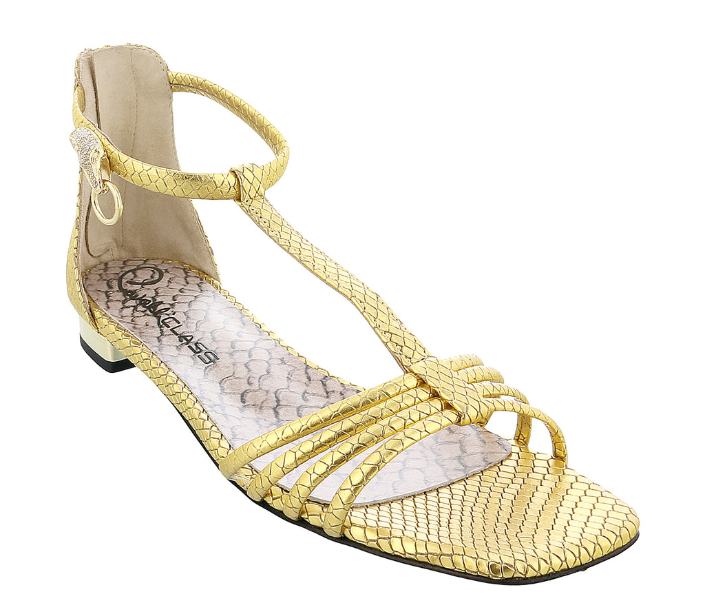 Roberto Cavalli Class  Gold Leather Classic Flat Sandal With Straps-6.5/7