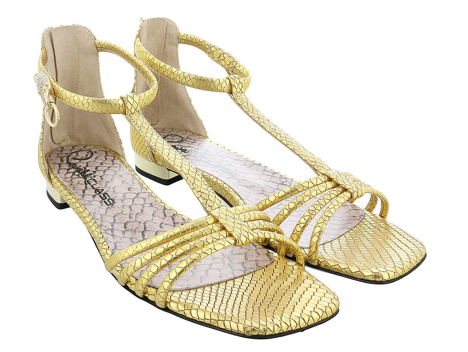 Roberto Cavalli Class  Gold Leather Classic Flat Sandal With Straps-