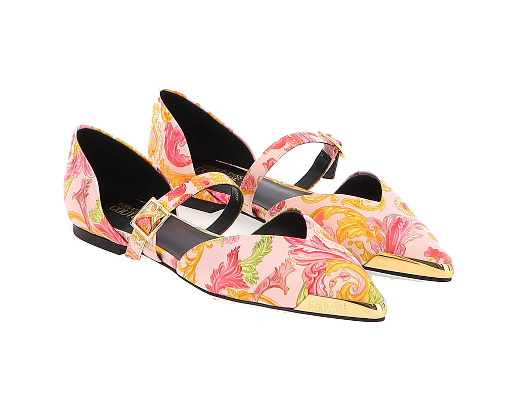 Versace Jeans Couture  Pointed Gold Cap Toe Print Flats-
