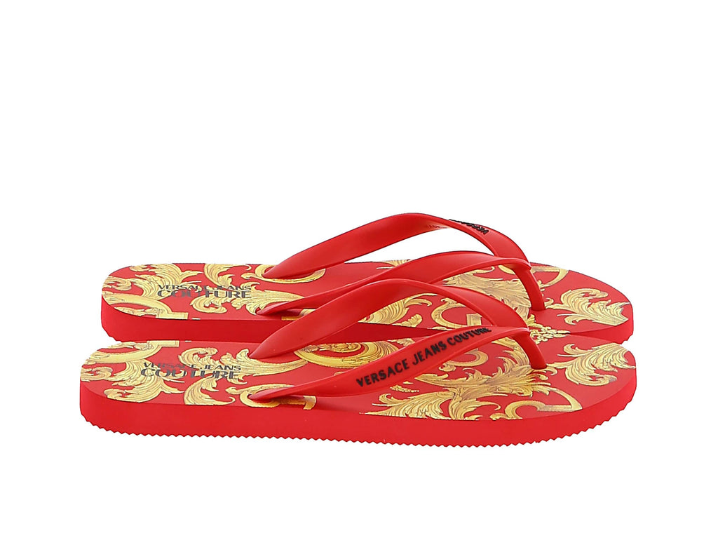Versace Jeans Couture Red/Gold Baroque Print Flip Flop Slide