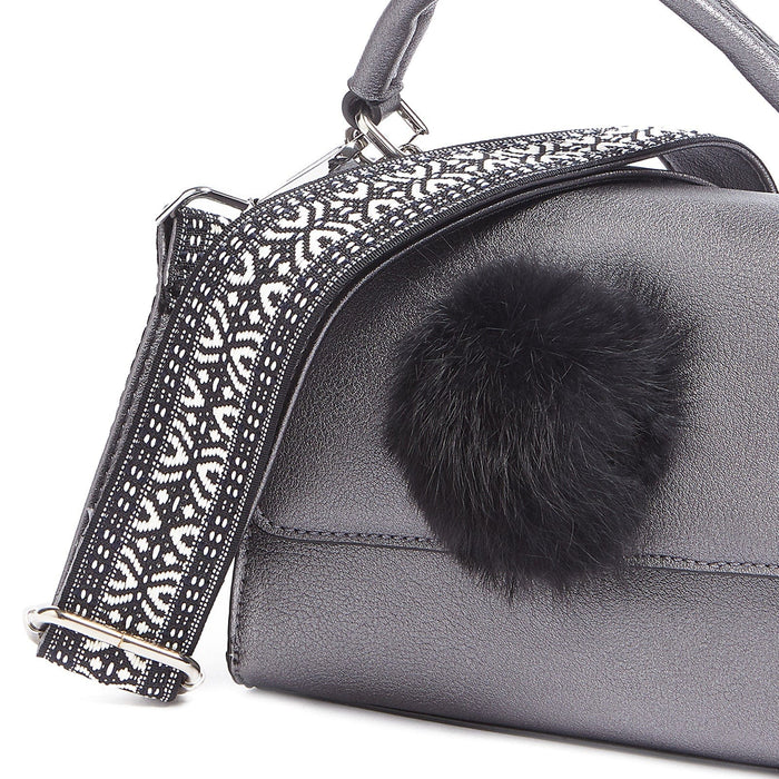 Tosca Blu Grey Small Pon Pon Faux Fur Flap Top Handle Bag