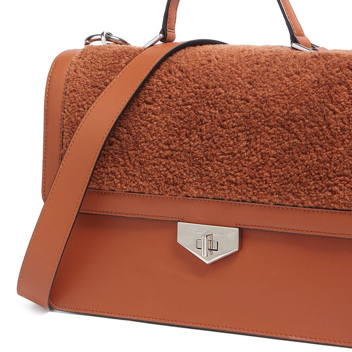 Tosca Blu Tan Medium Faux Shearling Flap Top Handle Bag