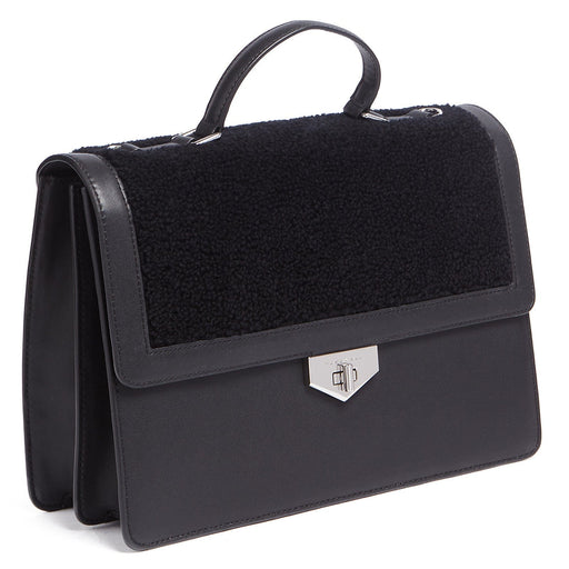 Tosca Blu Black Medium Faux Shearling Flap Top Handle Bag