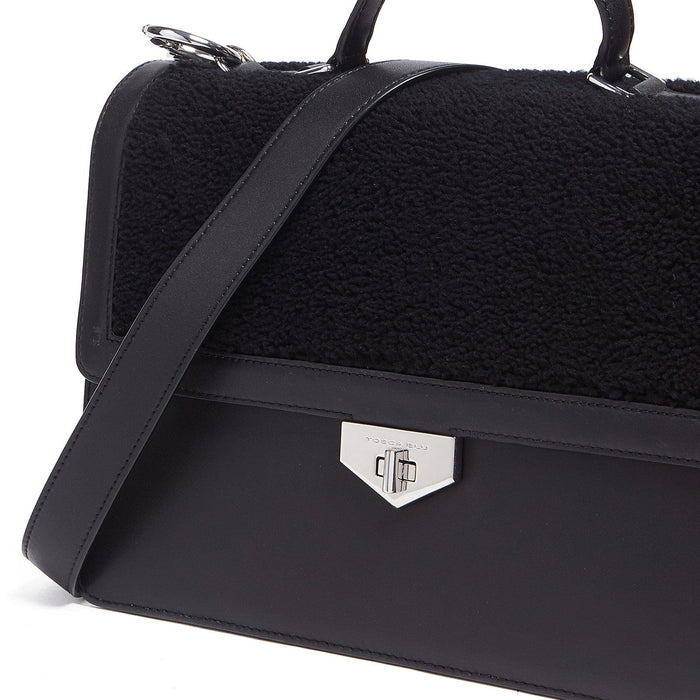 Tosca Blu Black Medium Faux Shearling Flap Top Handle Bag