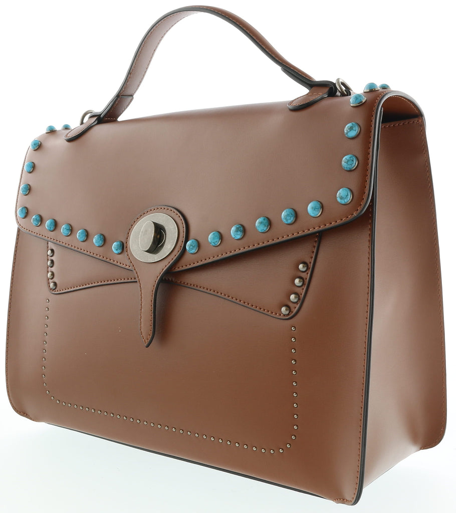 Tosca Blu Tan Small Western Inspired Beaded  Flap Top Handle Bag