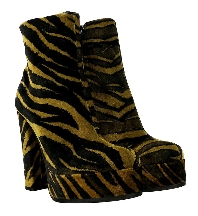 Roberto Cavalli Brown/Black Zebra Print Block Heel Ankle Boot-