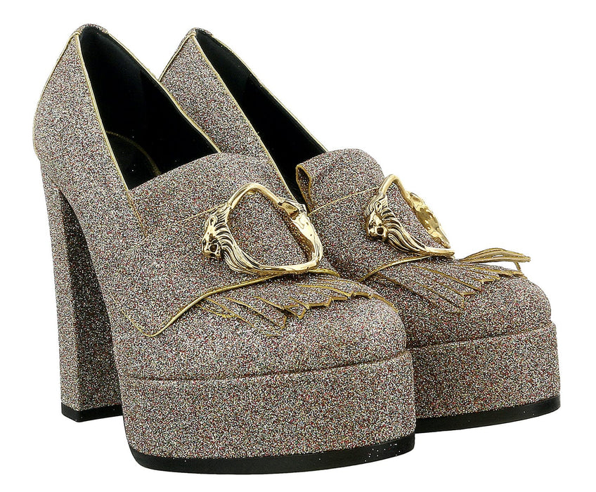 Roberto Cavalli Glitter Silver Gold Glitter Block High Heel  -