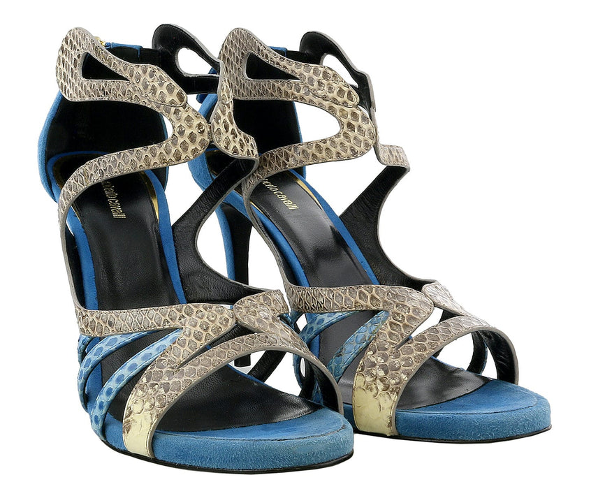 Roberto Cavalli Blue Suede Strappy Back Zip Siletto Sandal-