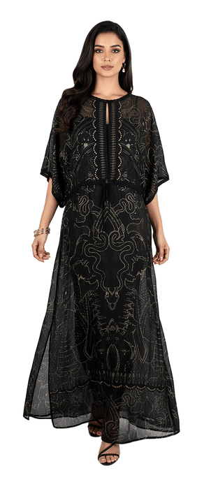Roberto Cavalli Boho-Chic Black Maxi  Kaftan Dress Gold Print Details 46IT-12US