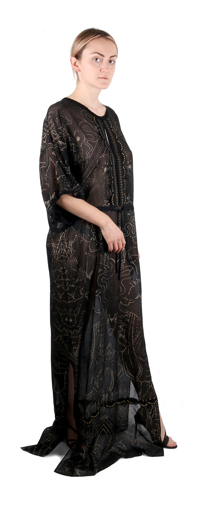 Roberto Cavalli Boho-Chic Black Maxi  Kaftan Dress Gold Print Details 48IT-14US