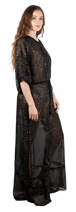 Roberto Cavalli Boho-Chic Black Maxi  Kaftan Dress Gold Print Details