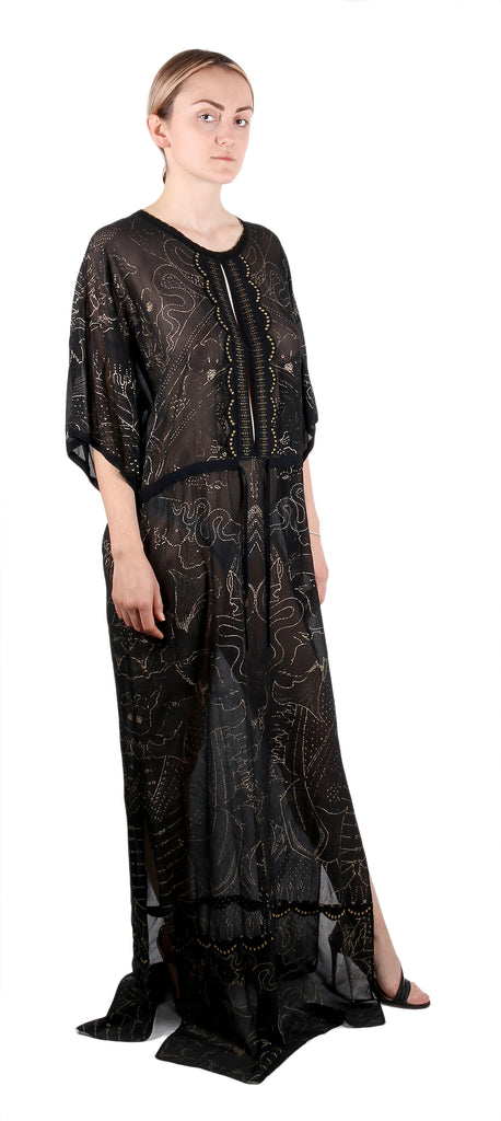 Roberto Cavalli Boho-Chic Black Maxi  Kaftan Dress Gold Print Details 48IT-14US