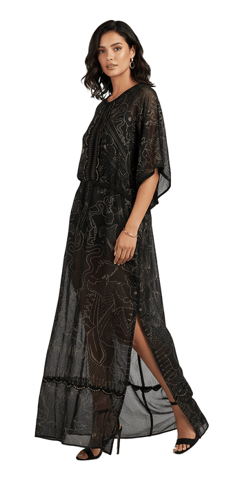 Roberto Cavalli Boho-Chic Black Maxi  Kaftan Dress Gold Print Details
