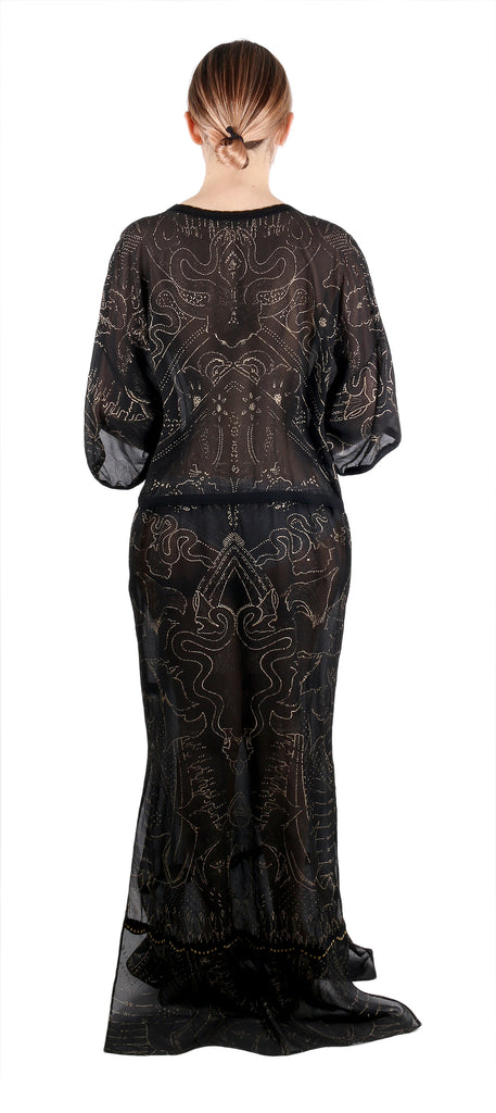 Roberto Cavalli Boho-Chic Black Maxi  Kaftan Dress Gold Print Details 50IT-16US