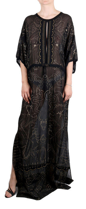 Roberto Cavalli Boho-Chic Black Maxi  Kaftan Dress Gold Print Details