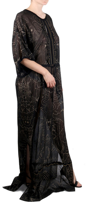 Roberto Cavalli Boho-Chic Black Maxi  Kaftan Dress Gold Print Details