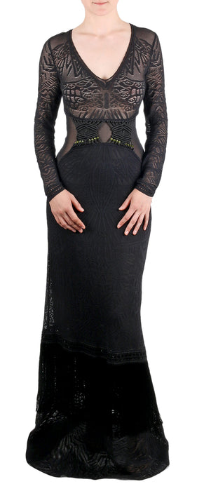 Roberto Cavalli Elegant Black Lace Maxi Dress with Fringe