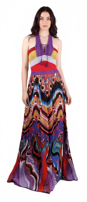 Roberto Cavalli Bohemian Multicolor Halter Maxi Dress Lace Up Front