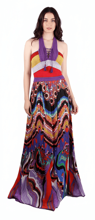 Roberto Cavalli Bohemian Multicolor Halter Maxi Dress Lace Up Front