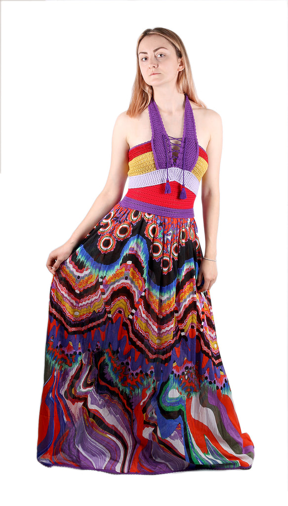 Roberto Cavalli Bohemian Multicolor Halter Maxi Dress Lace Up Front 44IT-10US