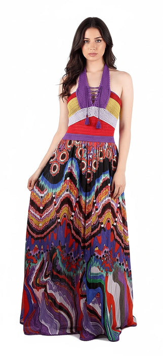 Roberto Cavalli Bohemian Multicolor Halter Maxi Dress Lace Up Front
