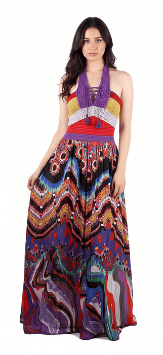 Roberto Cavalli Bohemian Multicolor Halter Maxi Dress Lace Up Front