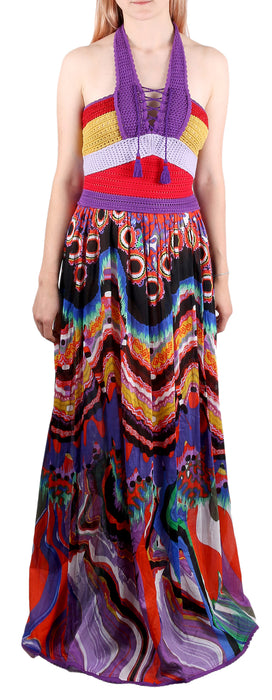 Roberto Cavalli Bohemian Multicolor Halter Maxi Dress Lace Up Front