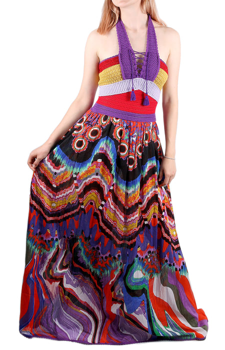 Roberto Cavalli Bohemian Multicolor Halter Maxi Dress Lace Up Front
