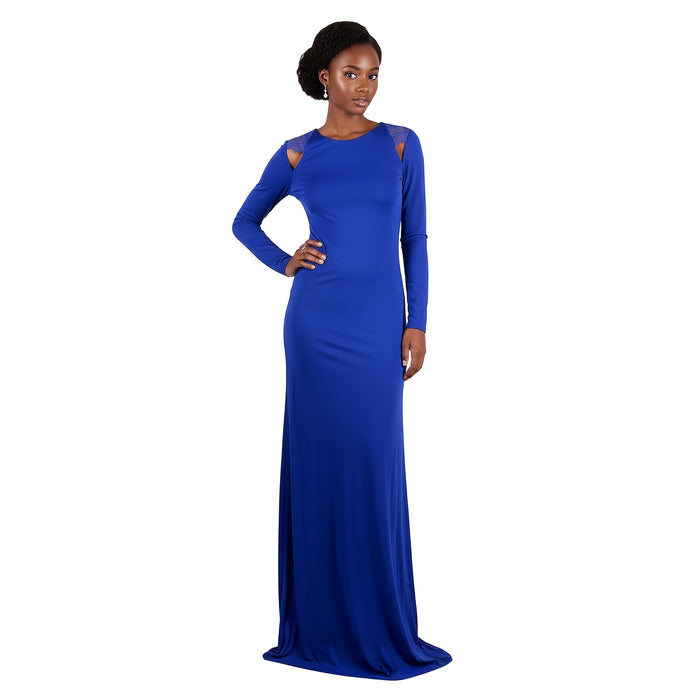 Roberto Cavalli Royal Blue Fitted Maxi Dress Lace  Shoulder Insert