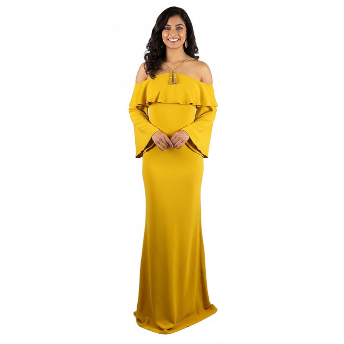 Roberto Cavalli Golden Yellow Off-Shoulder Maxi Dress with Open Back