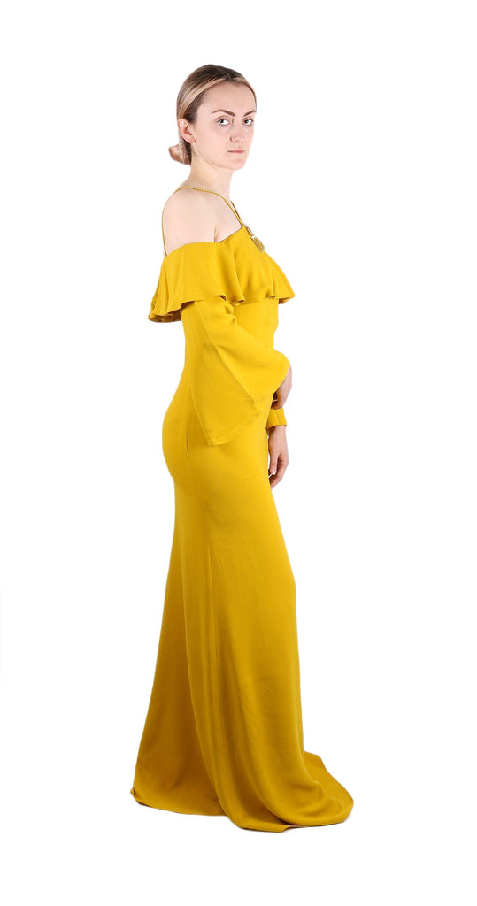 Roberto Cavalli Golden Yellow Off-Shoulder Maxi Dress with Open Back 40IT-6US