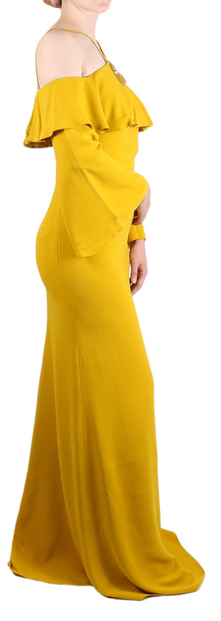 Roberto Cavalli Golden Yellow Off-Shoulder Maxi Dress with Open Back