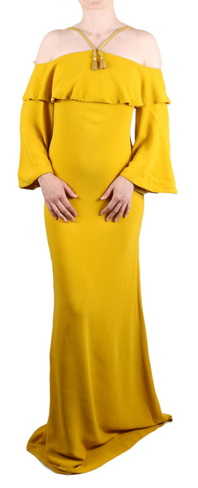 Roberto Cavalli Golden Yellow Off-Shoulder Maxi Dress with Open Back