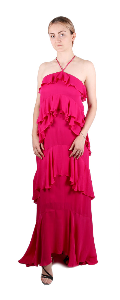 Roberto Cavalli Hot Pink Ruffled Halter Maxi Dress with Tiered Skirt 40IT-6US