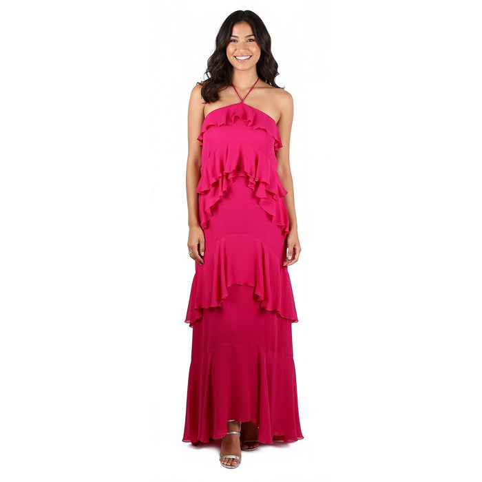 Roberto Cavalli Hot Pink Ruffled Halter Maxi Dress with Tiered Skirt