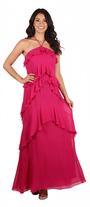 Roberto Cavalli Hot Pink Ruffled Halter Maxi Dress with Tiered Skirt