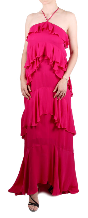 Roberto Cavalli Hot Pink Ruffled Halter Maxi Dress with Tiered Skirt