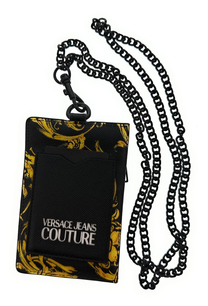 Defective- Versace Jeans Couture Black Baroque Print Zippered Lanyard Wallet Cardholder