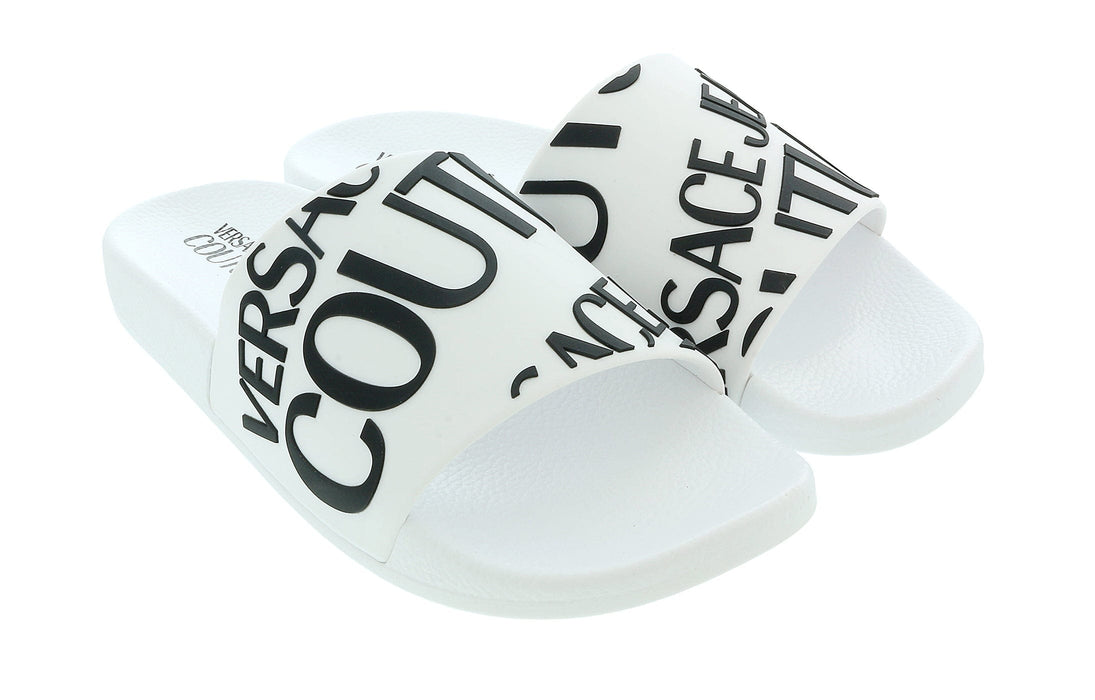 Versace Jeans Couture Womens White Logo Print Slide Sandals