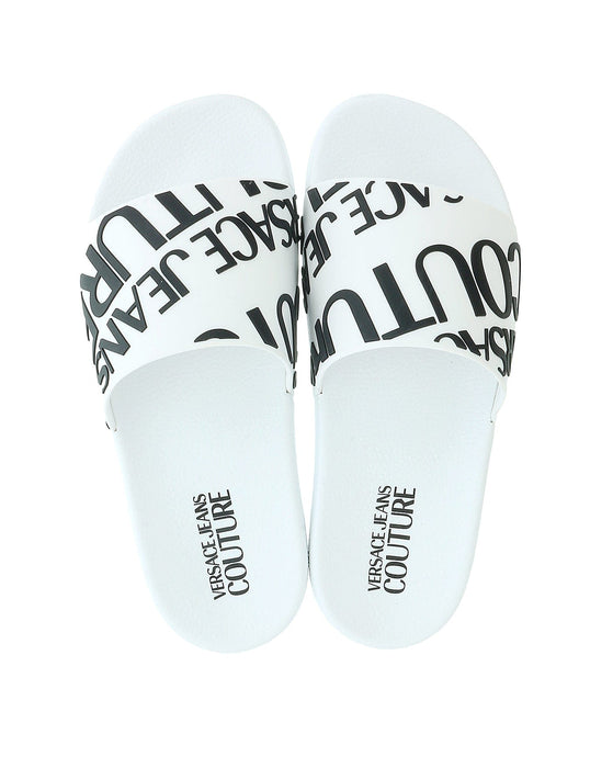 Versace Jeans Couture Womens White Logo Print Slide Sandals