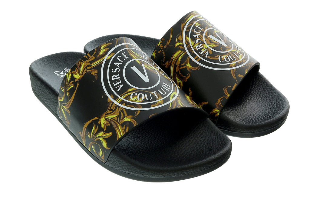 Versace Jeans Couture Gold Baroque Print Wide Strap Sandals-